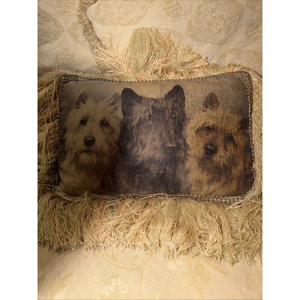 Pulvermacher Designs NYC Terriers Dogs Throw Pillow Fringe Decor Tan Cottage - Picture 2 of 15